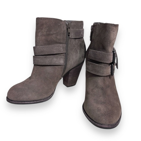 Gianni Bini Shoes - GIANNI BINI Grey Suede Side Zip Ankle Booties Double Buckle Detail